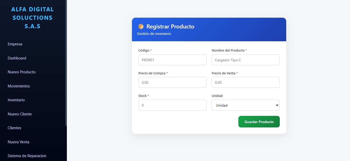 Pantalla de registro de producto